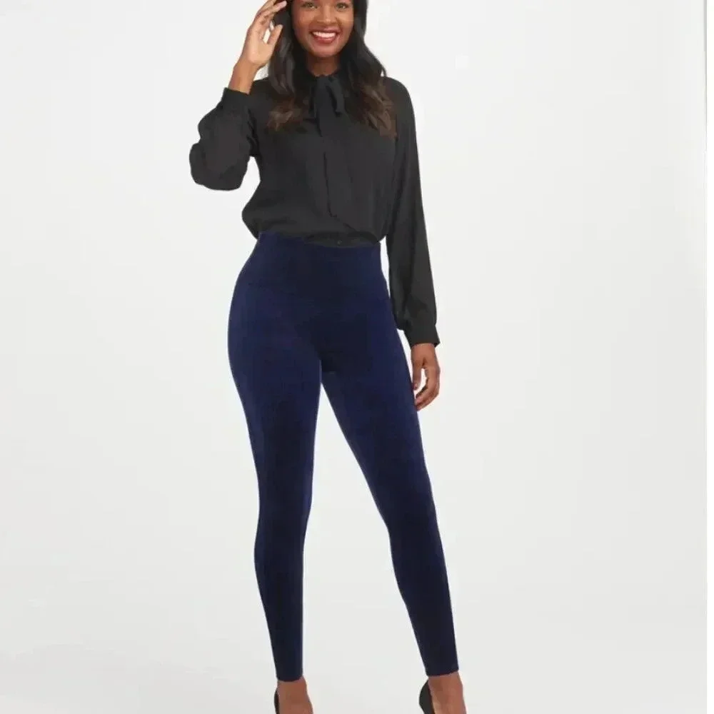 Spanx Velvet Leggings Pull On Stretch Pants Velour Dark Lapis Night Blue Small